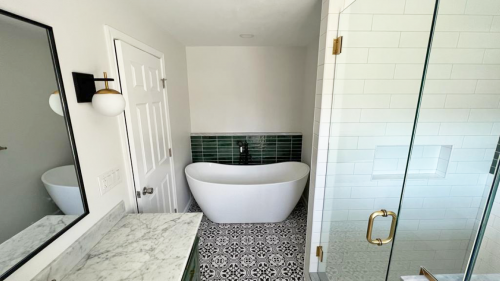  Petal Black Floor Tile Green Subway Tile Free Standing Tub Marble Countertop dRemodeling