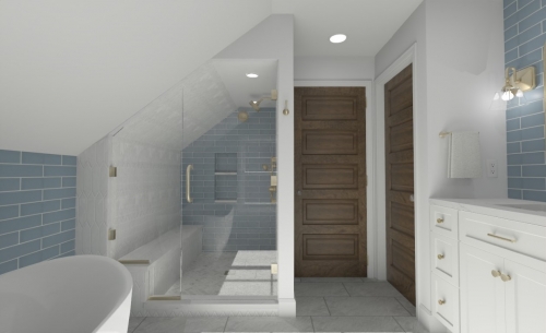  Rendering  Freestanding Tub Blue Glass Wall Tile Gold Fixtures walk in shower Remodeled Bathroom dRemodeling