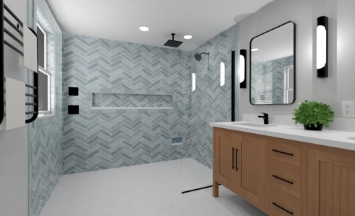  Rendering  Villanova Bathroom Remodel Blue Herringbone Tile Natural Mindi Double Vanity dRemodeling
