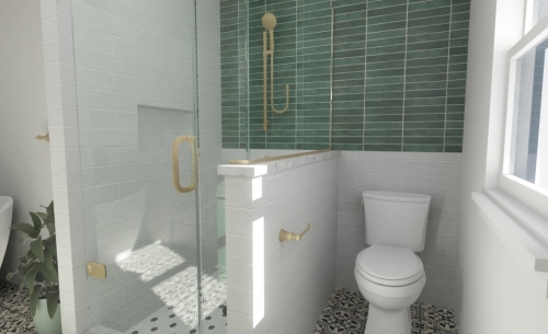  Rendering  White Black Hexagon Mosaic Shower Floor Tile Petal Black Floor Tile Gold Fixture Handheld Shower Champagne Bronze Rain Shower Head dRemodeling