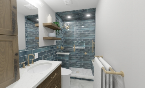  Rendering  green subway tile brown vanity white countertop gold fixtures glass enclosure gold fixtures dRemodeling