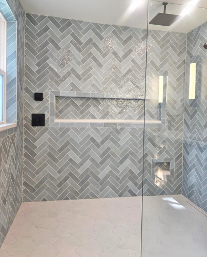  Villanova Bathroom Remodel Blue Herringbone Ceramic Shower Tile dRemodeling