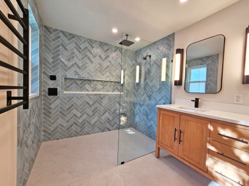  Villanova Bathroom Remodel Blue Herringbone Tile Natural Mindi Double Vanity dRemodeling