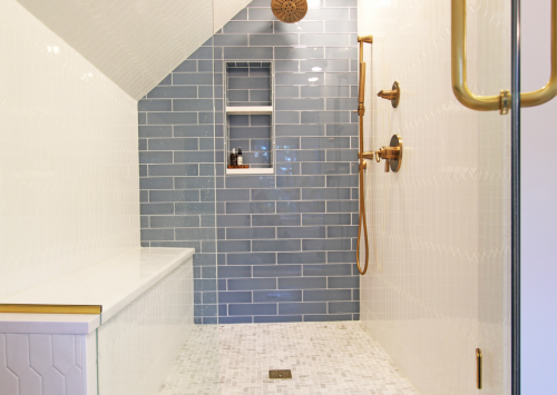 Walk In Shower Blue Glass Wall Tile Gold Fixtures White Herringbone Shower Floor White Picket Tile  Remodeled Bathroom dRemodeling