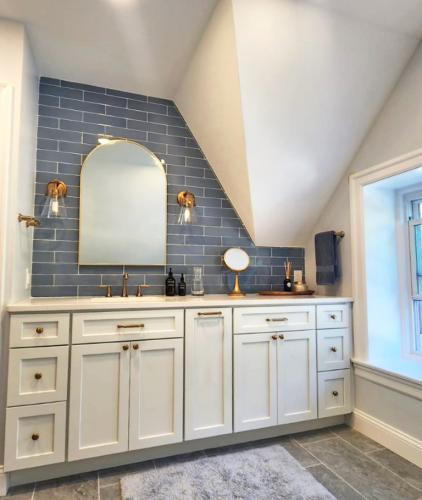  White Cabinetry Vanity Blue Glass Wall Tile Gold Fixtures Quartz Countertops  Remodeled Bathroom dRemodeling