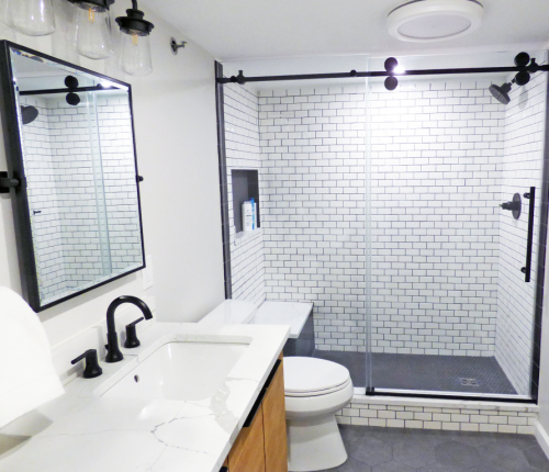  White Subway Tile Teak Double Vanity Walk In Shower Glass Enclosure dRemodeling