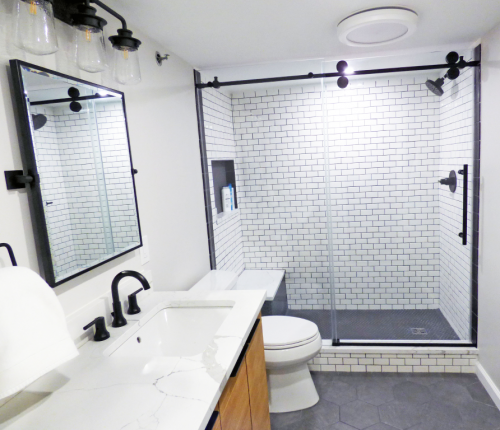  White Subway Tile Teak Double Vanity Walk In Shower Glass Enclosure dRemodeling