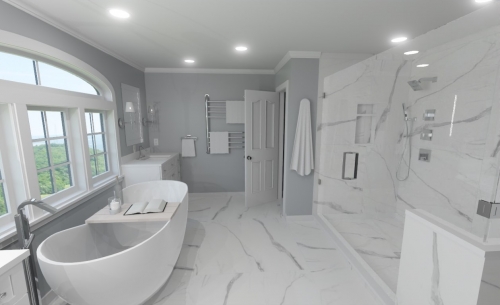  rendering  Free Standing Tub Large Format Porcelain Floor Tiles Walk In Shower dRemodeling