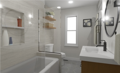  rendering  White Birch Countertop Matte Porcelain Shower Tile Two In One Shower Head Matte Black Radiant Heat Flooring dRemodeling