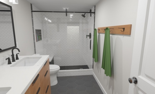  rendering  White Subway Tile Teak Double Vanity Walk In Shower Glass Enclosure dRemodeling