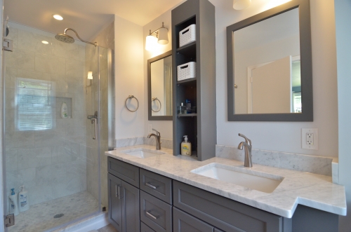 Classic Bath With Grey Vanity In Media Pa, Double Vanity With Storage Tower In The Middle