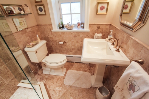 bathroom walkin shower gold warm traditional glass enclosure mosaic floor bench beige (2)