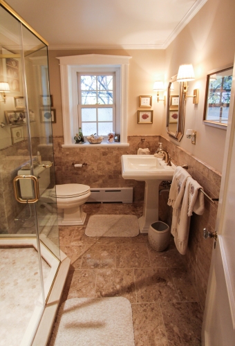 bathroom walkin shower gold warm traditional glass enclosure mosaic floor bench beige (5)