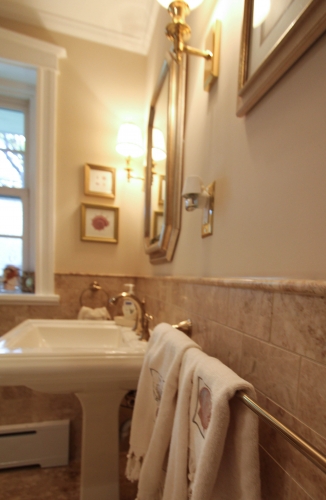 bathroom walkin shower gold warm traditional glass enclosure mosaic floor bench beige framed mirror (1)