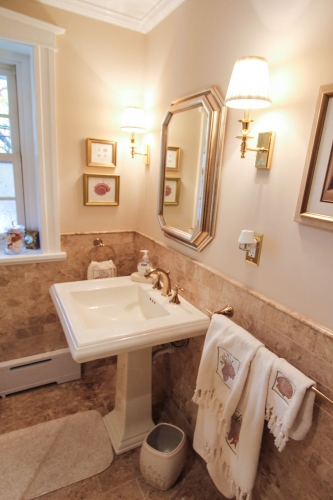 bathroom walkin shower gold warm traditional glass enclosure mosaic floor bench beige framed mirror (2)