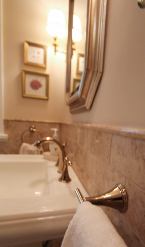 bathroom walkin shower gold warm traditional glass enclosure mosaic floor bench beige framed mirror