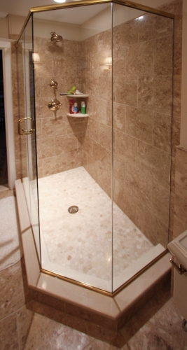 bathroom walkin shower gold warm traditional glass enclosure mosaic floor bench beige hexagon marble  (1)