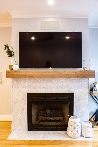 bright transitional fireplace tile mantle