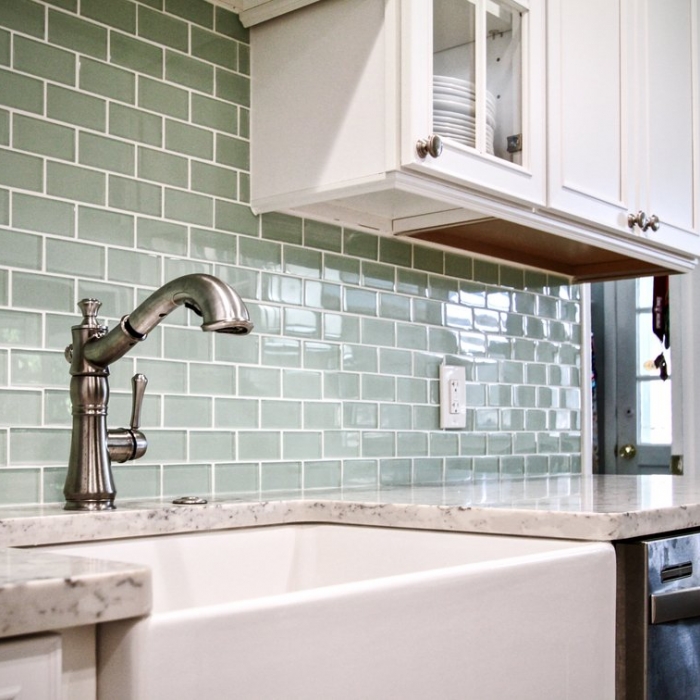 Crocodile Green Backsplash Transitional Kitchen Makeover in Philadelphia