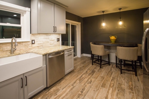 gray rustic kitchen wood look tile