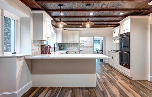 historic kitchen renovation peninsula overhang