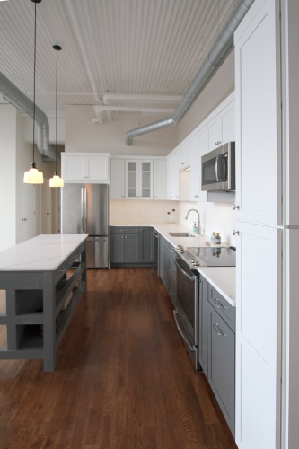 industrial kitchen white gray shaker cabinets