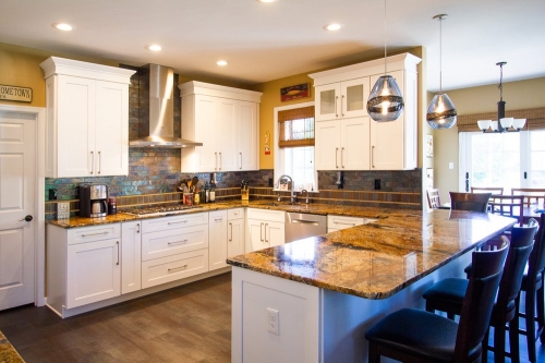 kitchen peninsula white cabinets