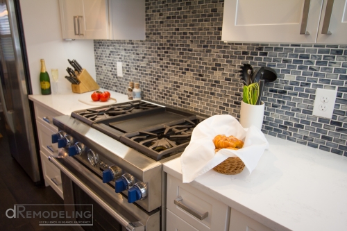 kitchen range with blue knobs