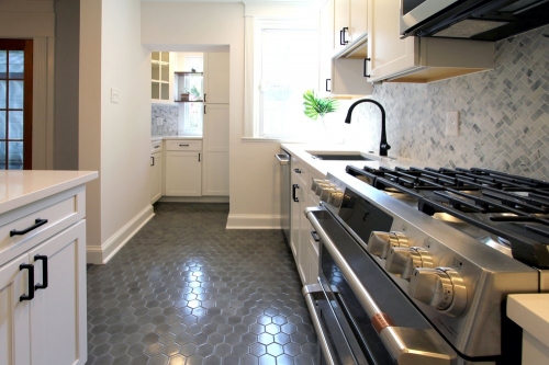 kitchen white shaker pantry area herringbone backsplash (1)