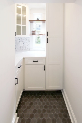 kitchen white shaker pantry shelving coffee nook