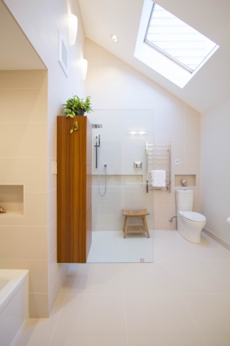 master bath remodel large format tile beige glass panel recessed niche skylight(1)