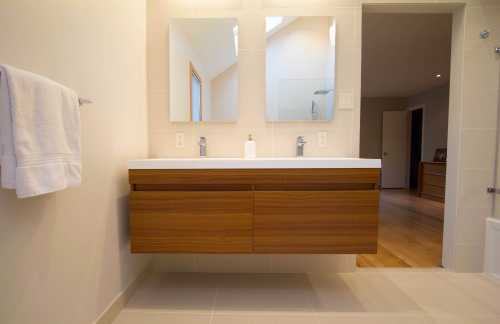 master bath remodel large format tile beige wallhung wood vanity recessed medicine cabinet(1)