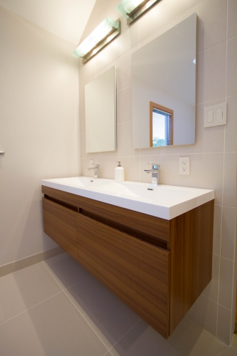 master bath remodel large format tile beige wallhung wood vanity recessed medicine cabinet