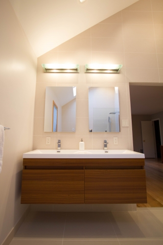master bath remodel large format tile wallhung vanity beige modern