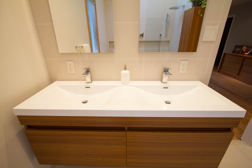 master bath remodel large format tile wallhung wood vanity recessed medicine cabinet
