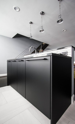 modern monochrome kitchen black island cabinetry