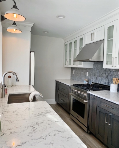 textural farmhouse kitchen glass upper cabinets