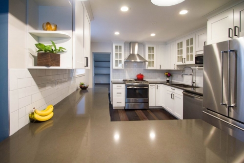 transitional kitchen gray quartz counters