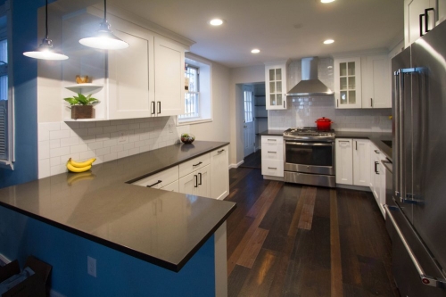 transitional kitchen white shaker gray quartz