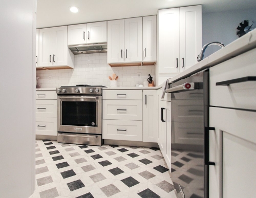 white basement kitchen decorative floor pattern