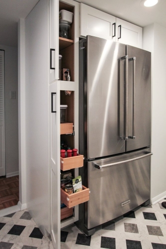 white basement kitchen pantry storage pullouts