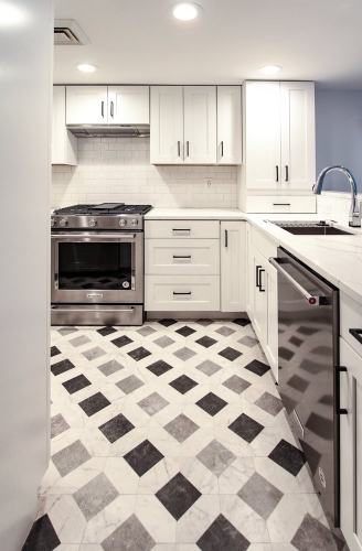 white basement kitchen white shaker cabinetry