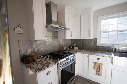 white kitchen stainless backsplash mosaic