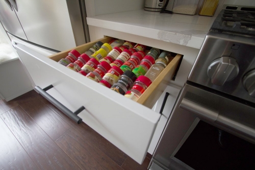 white shaker kitchen spice drawer