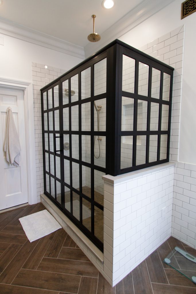 Black-Panel-Shower-Enclosure-Wood-Floors-Bathroom-dRemodeling-Philadelphia