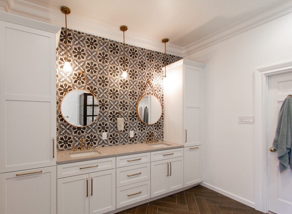 White-Vanity-Bronze-Fixtures-Accent-Wall-dRemodeling-Philadelphia